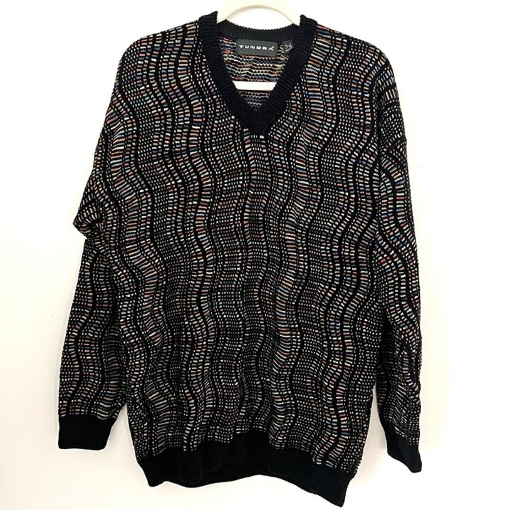 Vintage Colorful Tundra Sweater L Wavy Rainbow Stained Glass Hip Hop Biggie‎ 90s